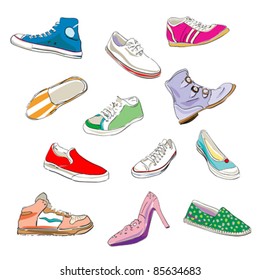 stylized shoes and sneakers over a white background