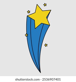 A stylized shooting star with a blue tail and yellow star, surrounded by smaller stars.