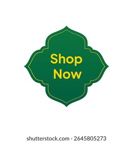 A stylized Shop Now button floats against a stark white background. The button is shaped like a quatrefoil, reminiscent of Islamic geometric patterns, with a pointed top and bottom and curved sides.