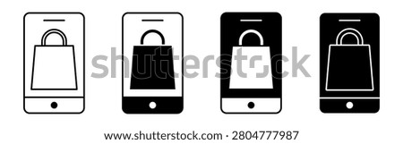 Stylized shopping bag icon displayed on smartphone screens in various designs and colors.