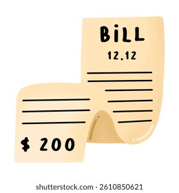 A stylized shopping bill with clear item lines and a curl at the bottom, in a flat minimal illustration style symbolizing expenses, receipts, and budgeting in commerce-related interfaces.