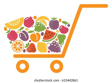 Stylized shopping cart full of fresh fruits