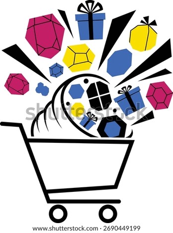 A stylized shopping cart overflows with a vibrant explosion of presents, geometric shapes, and colorful confetti, symbolizing abundant shopping and celebration.
