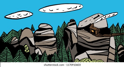 Stylized Siberian landscapes. Reserve "Krasnoyarsk Pillars", "Hut Griffins".Color vector illustration. Can be used in social networks, for articles, publications, postcards, print, poster, sticker.