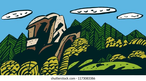 Stylized Siberian landscapes. Reserve "Krasnoyarsk pillars", "Grandfather".Color vector illustration. Can be used in social networks, for articles, publications, postcards, print, poster, sticker.