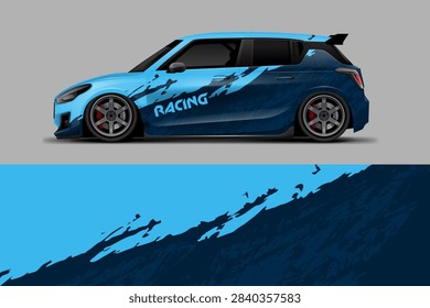 A stylized side view of a blue racing car with dynamic paint splashes and racing wheel accents on a gradient background.