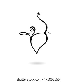 Stylized sign of aiming archer isolated on a white background. Black elegant icon of a bowman in the form of abstract flower with a twin curved stalk. Floral pointer in the ink calligraphic style.