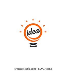 Stylized sign of vector lightbulbs, white and orange color logotype. New idea symbol, flat bright cartoon bulb. Idea icon, circle logo