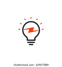 Stylized sign of vector lightbulbs, white and orange color logotype. New idea symbol, flat bright cartoon bulb. Idea icon, circle logo