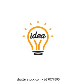 Stylized sign of vector lightbulbs, white and orange color logotype. New idea symbol, flat bright cartoon bulb. Idea icon, circle logo