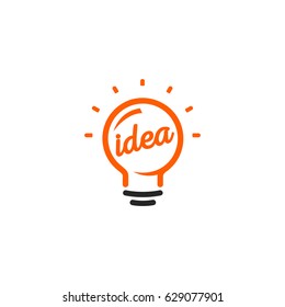 Stylized sign of vector lightbulbs, white and orange color logotype. New idea symbol, flat bright cartoon bulb. Idea icon, circle logo