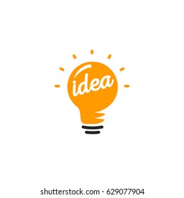 Signo estilizado de bombillas vectoriales, logotipo en color blanco y naranja. Nuevo símbolo de idea, bombilla de caricatura brillante plana. Icono de Idea, logo de círculo