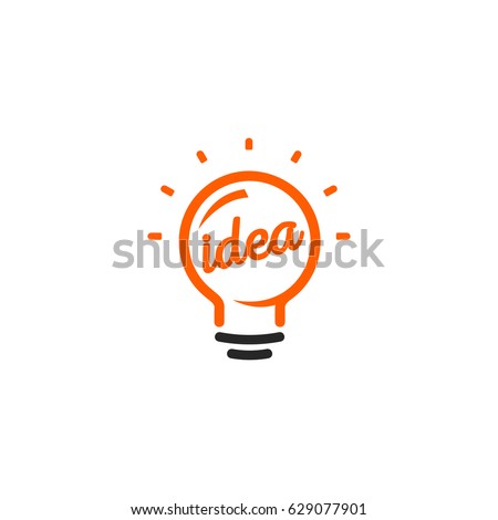 Stylized sign of vector lightbulbs, white and orange color logotype. New idea symbol, flat bright cartoon bulb. Idea icon, circle logo