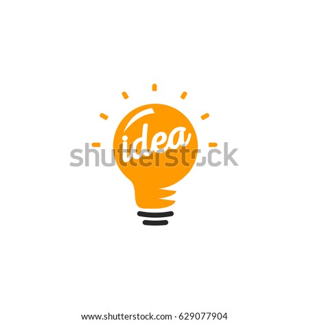 Stylized sign of vector lightbulbs, white and orange color logotype. New idea symbol, flat bright cartoon bulb. Idea icon, circle logo