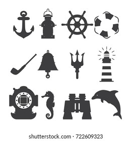 Stylized signs on the marine theme in black and white colors. Flat vector illustration