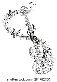 Stylized silhouette of an abstract guitar with music notes.