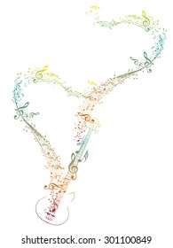 Stylized silhouette of an abstract guitar with music notes.