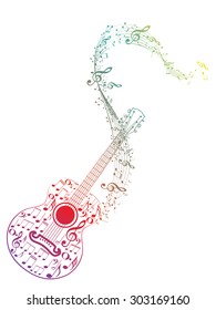 Stylized silhouette of an abstract guitar with music notes.