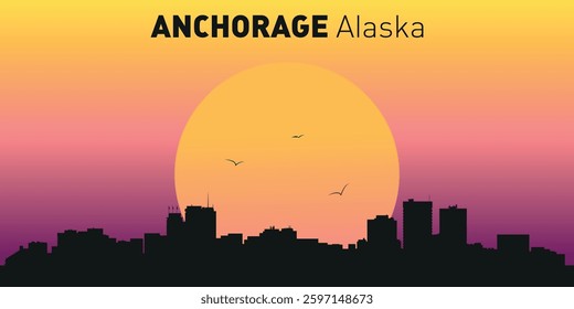 A stylized silhouette of the Anchorage, Alaska cityscape against the sunset. Urban landscape with the natural beauty of the sunset, symbolizing the harmony between the city and nature.