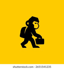 Uma silhueta estilizada de uma figura semelhante a um macaco carregando uma pasta, colocada sobre um fundo amarelo brilhante.
