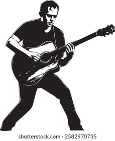 Stylized silhouette artwork depicting a musician passionately performing with an acoustic guitar. Captures the spirit of musical creativity and expression.