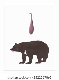 A stylized silhouette of a bear with a pinkish abstract shape floating above, set against a minimalist white backdrop.