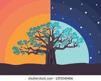 Stylized silhouette of big tree, night and sunset scene background.