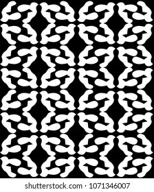 The stylized silhouette of a bird is folded into an ornament.  White silhouette on black background. Seamless print