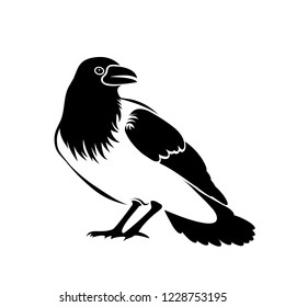 Stylized silhouette of a black crow isolated on white background