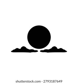 Stylized silhouette of a black sun partially obscured by puffy clouds on a white background