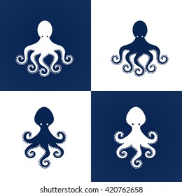 Stylized silhouette of blue octopus on white background. Logo design for company.