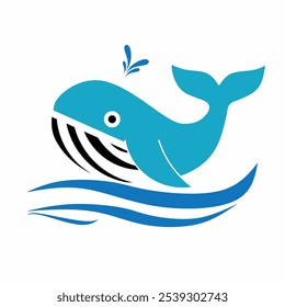 Silueta estilizada de una ballena azul con una expresión alegre, saltando sobre las olas. Esta ballena tiene salpicaduras de agua en su cabeza y detalles en blanco y negro en su boca. logo de la ballena icono Vector