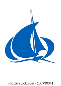 Stylized Silhouette Of Blue Yacht Sailing The Ocean Waves With Billowing Sails On White