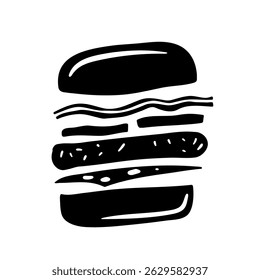 stylized silhouette of burger with bacon, cheese, tomatoes, cutlet; for sandwich branding, food, logos, icons, menu, packaging, social media design.