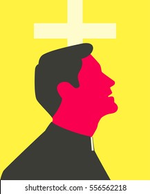 Stylized silhouette of catholic priest which is looking up in front of the cross.