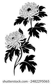 A stylized Silhouette of chrysanthemum branch with floral and leaf elements