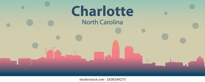 is a stylized silhouette of the city skyline of Charlotte, North Carolina with pink buildings against a light beige sky with scattered dark circles that can symbolize rain or stars.