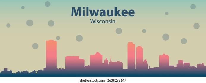  A stylized silhouette of the city skyline of Milwaukee, Wisconsin with pink buildings against a light beige sky with scattered dark circles that can symbolize rain or stars.

