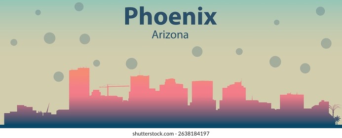  is a stylized silhouette of the city skyline of Phoenix, Arizona with pink buildings against a light beige sky with scattered dark circles that can symbolize rain or stars.