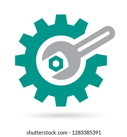 Stylized silhouette cogwheel with spanner and nut. Vector sign and illustration.