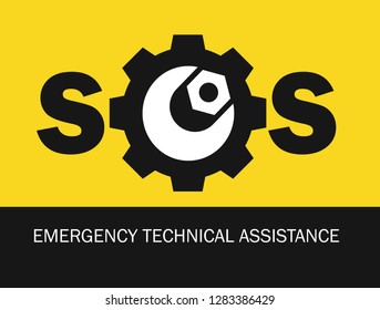 Stylized silhouette cogwheel with spanner and nut. Emergency technical assistance. Vector sign and illustration.
