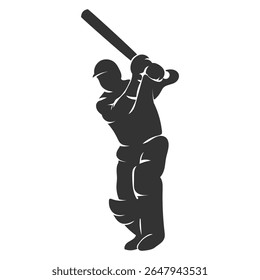 Stylized silhouette of a cricket player mid-swing with bat, expressing energy, movement, and focus in the sport of cricket.