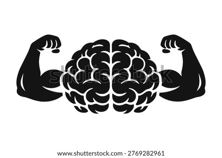 A stylized silhouette depicting a brain with muscular arms flexing their biceps, representing mental strength, intelligence, and cognitive power. Ideal for concepts related to education, science, or personal development.