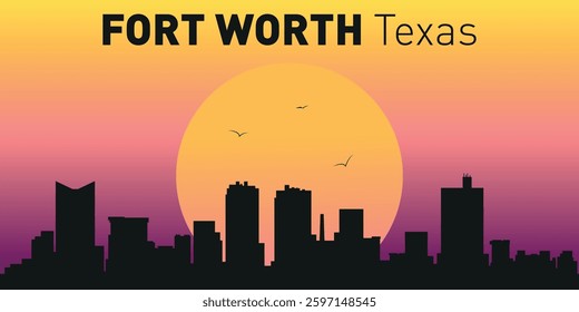 A stylized silhouette of the Fort Worth, Texas cityscape against the sunset. Urban landscape with the natural beauty of the sunset, symbolizing the harmony between the city and nature.

