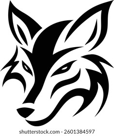A stylized silhouette of a fox head, showcasing tribal-inspired artistry with clean, sharp lines in monochrome. Isolated on a white backdrop.