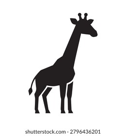 A stylized silhouette of a giraffe standing on all fours in profile view, depicted in solid black against a plain white background. The image captures the animal’s long neck, ossicones, and elegant po.