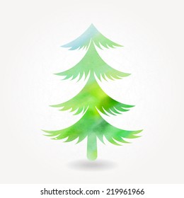 Stylized silhouette of green pine tree with watercolor texture