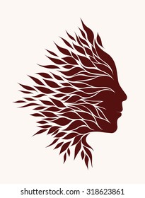 stylized silhouette of the head of the girl patterned leaves