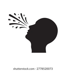 A stylized silhouette of a human head in profile, showing an open mouth as if yawning or speaking, with a dynamic splash of water or droplets emerging from it. The image uses a minimalist black silhou.