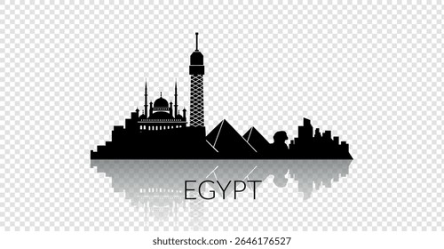 Stylized silhouette of iconic Egyptian landmarks with their stunning reflections visible